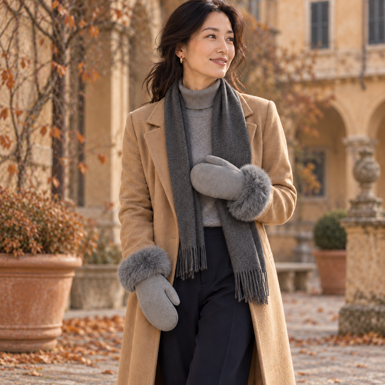 Soft Faux Fur Gloves GL207 – lifestyle gedragen op zachte neutrale achtergrond