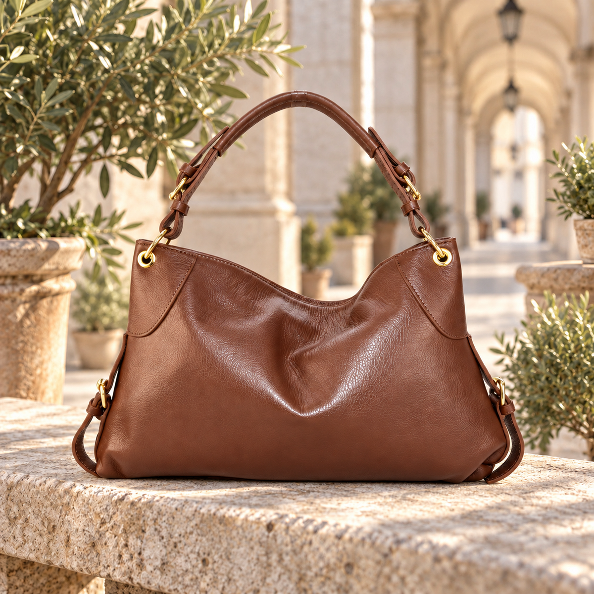 Leather Soft Shoulder Bag – brown – lifestyle sfeer