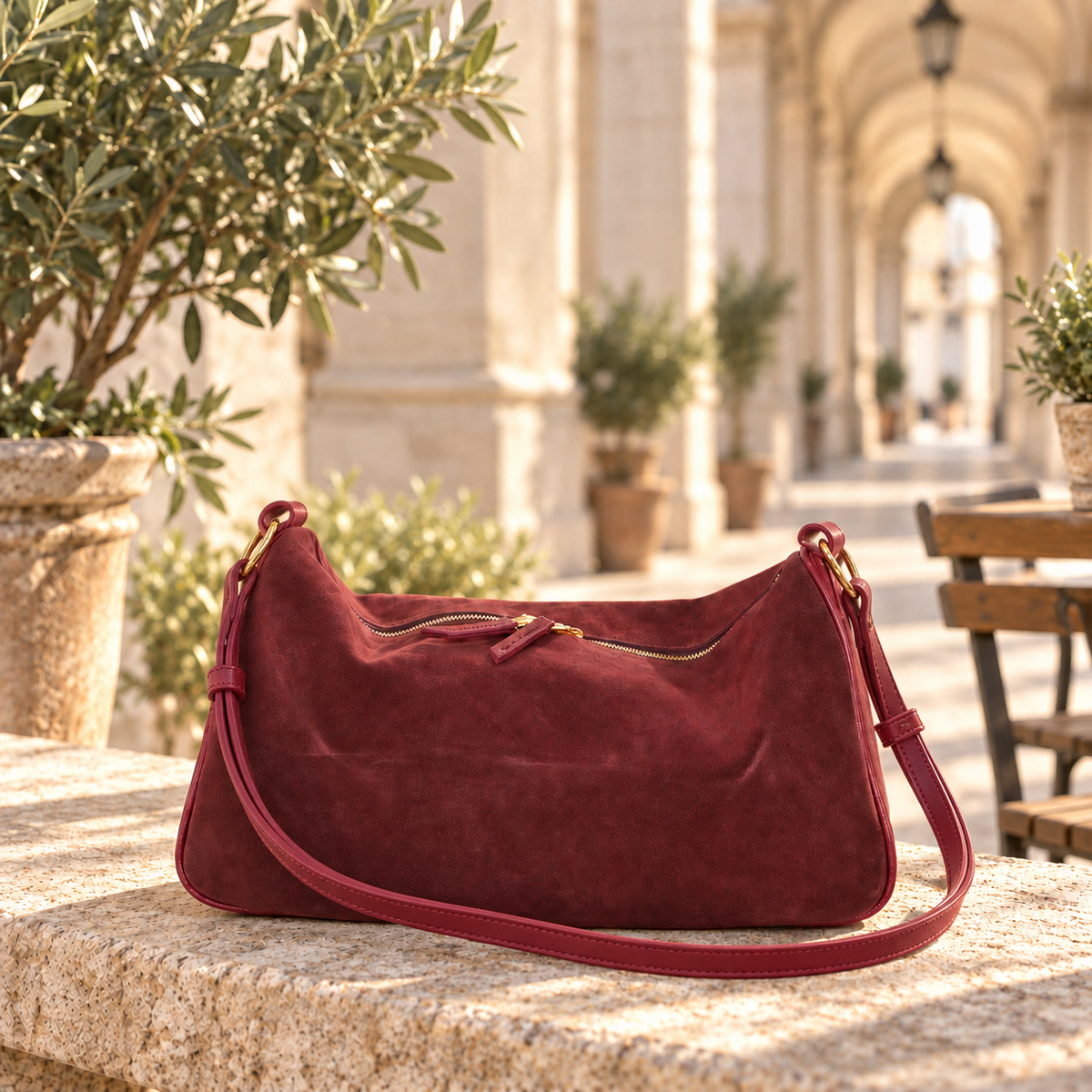Leather & Suede Shoulder Bag BJ37841 – lifestyle sfeer – natuurlijke draagwijze