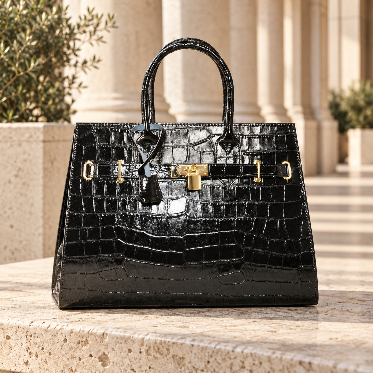 Embossed Leather Handbag in 
zwart, sfeerbeeld