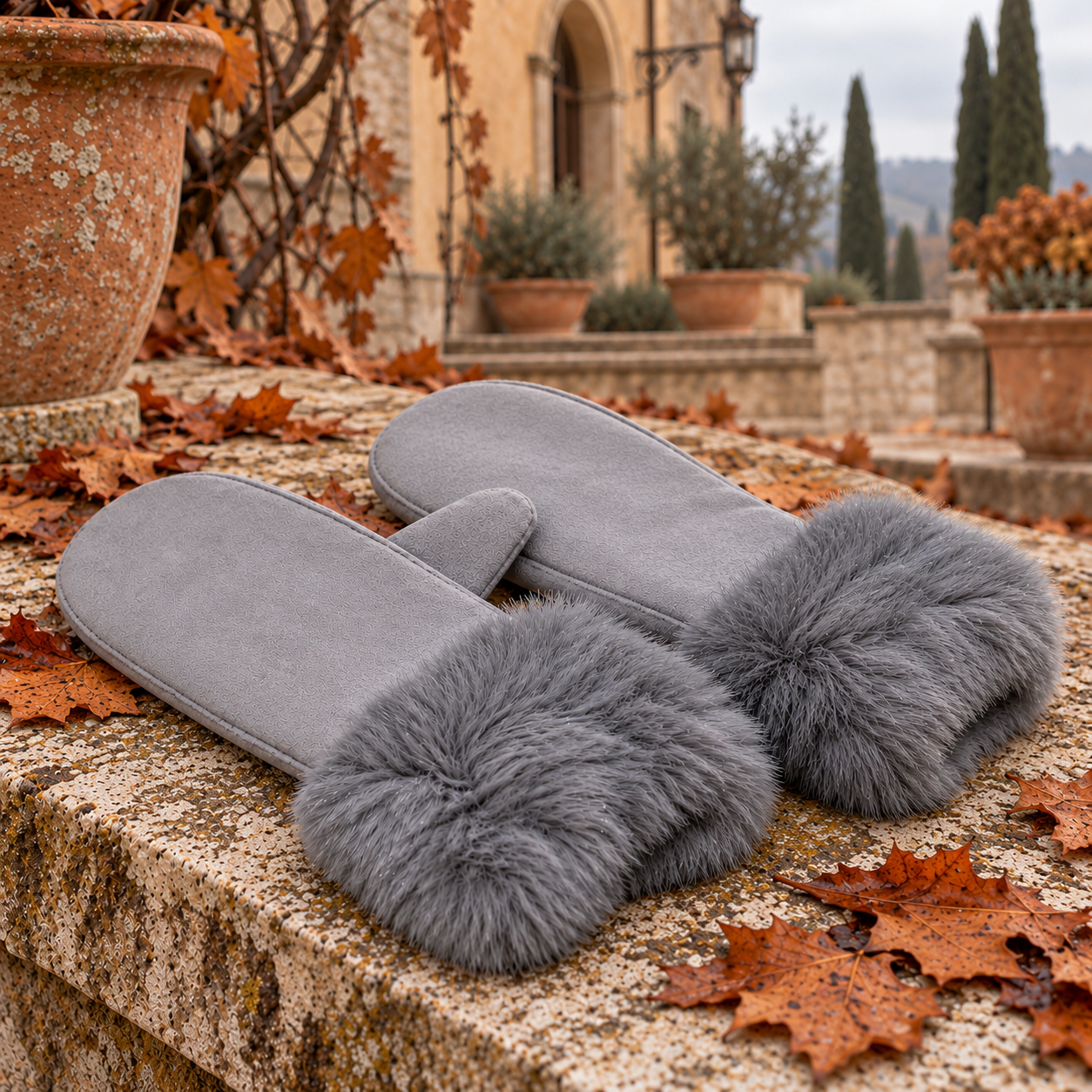 Soft Faux Fur Gloves GL207 – lifestyle sfeer op zachte neutrale achtergrond