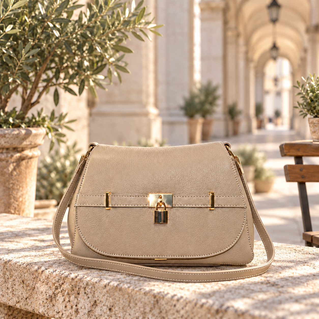 Leather Refined Shoulder Bag in 
taupe, sfeerbeeld