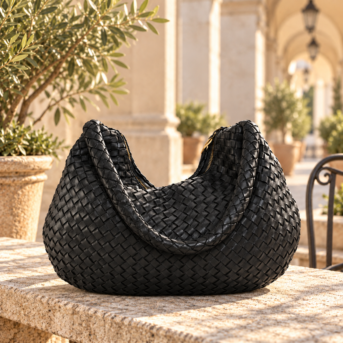 Vintage Woven Leather Shoulder Bag – Wide JH58864 – lifestyle sfeer