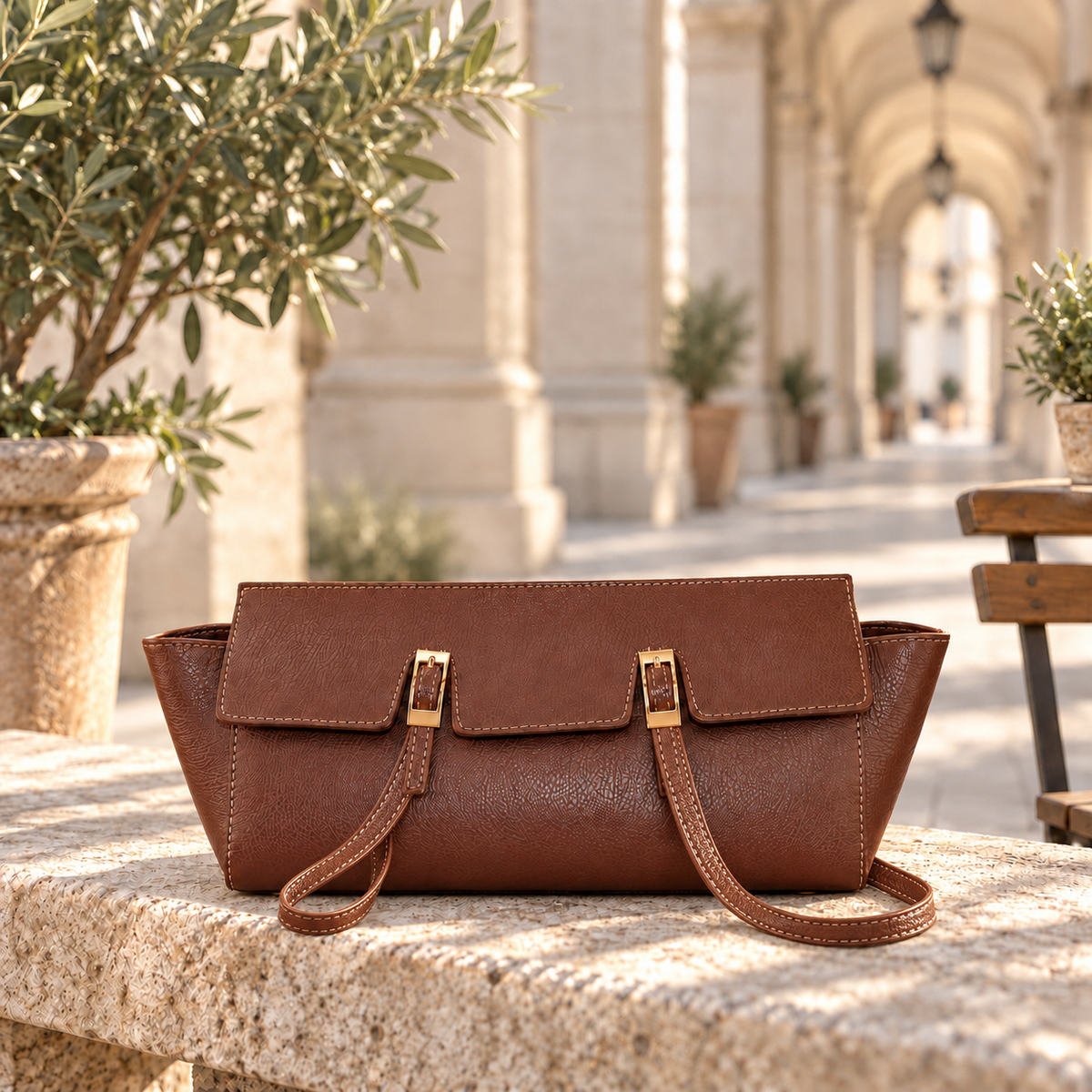 Leather Slim Shoulder Bag LE32835 – lifestyle sfeer – natuurlijk vallende schouderriem