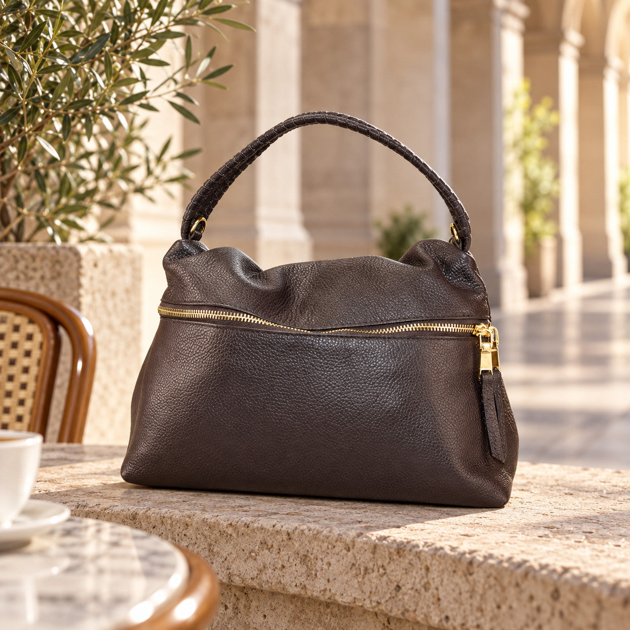 Leather Handbag in 
donkerbruin, sfeerbeeld