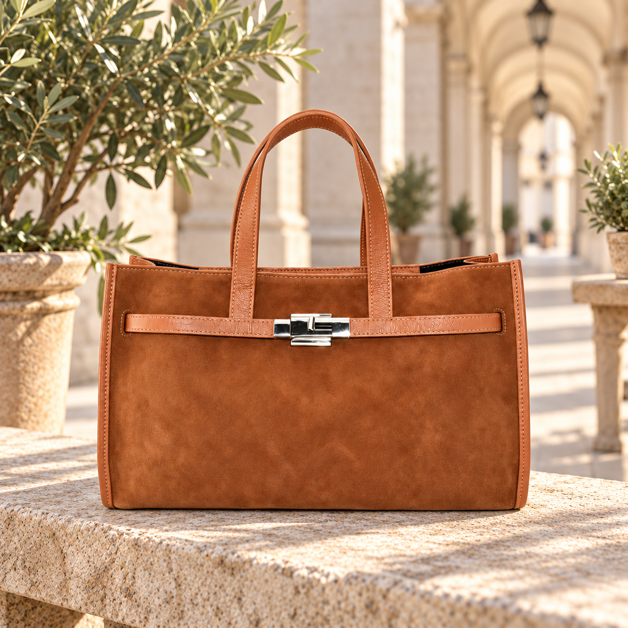 Leather Structured Handbag in 
cognac, sfeerbeeld