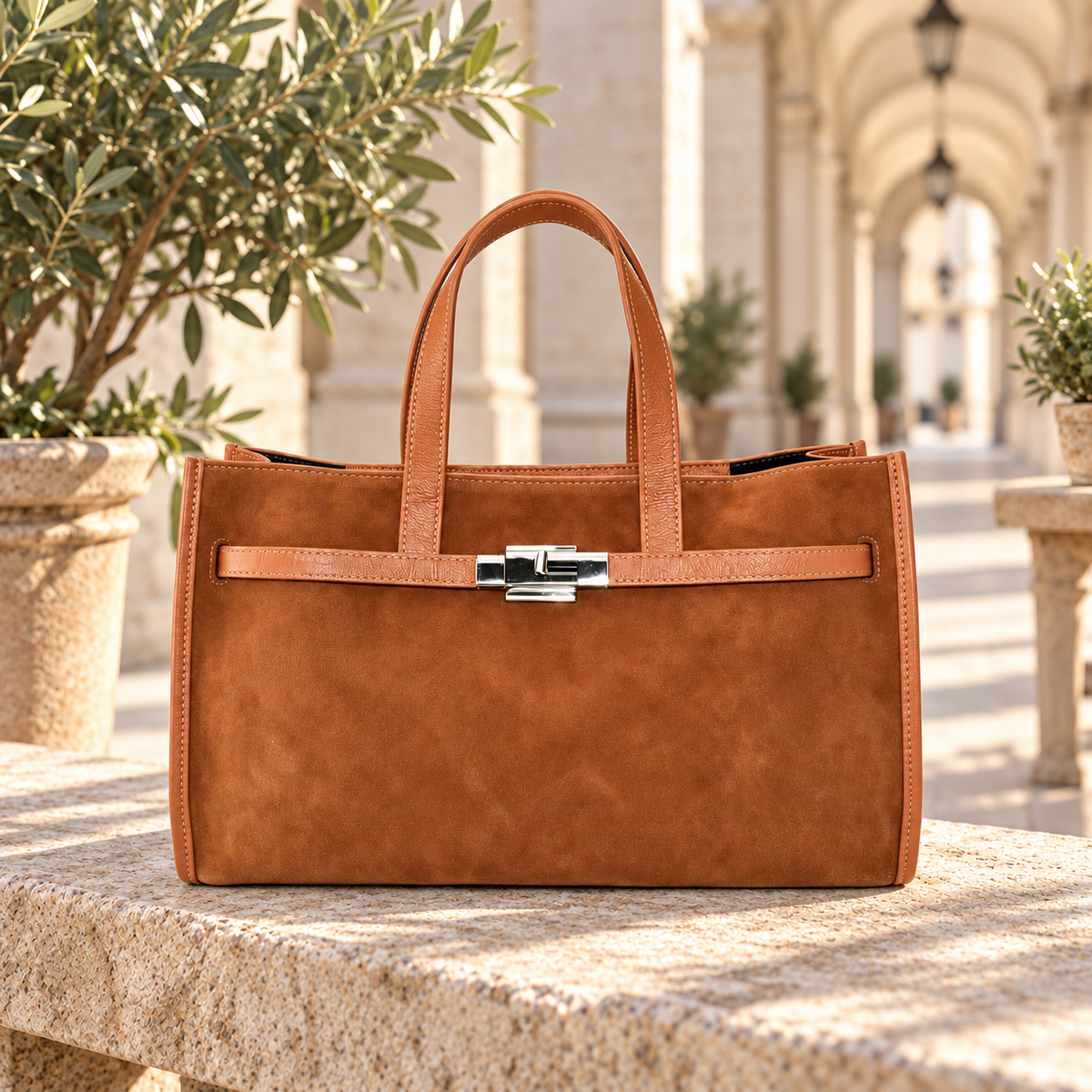 Leather Structured Handbag in tan – sfeerbeeld