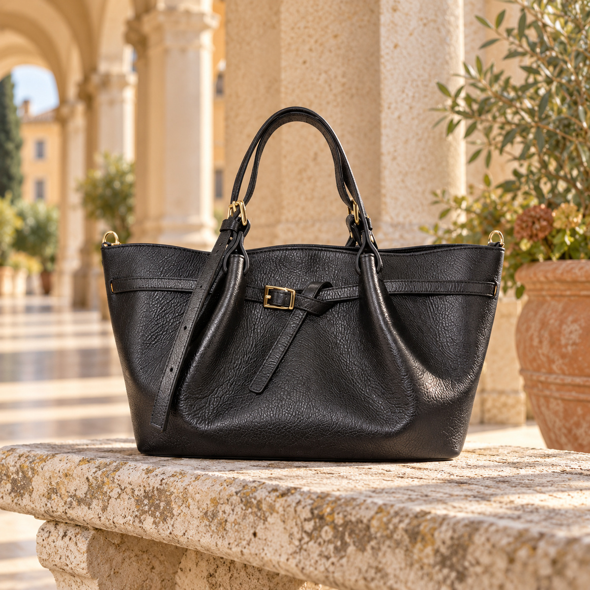 Leather Buckle Handbag RC39843 – Zwart – Italiaans sfeerbeeld