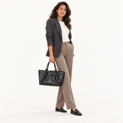 Leather Buckle Handbag RC39843 – Zwart – gedragen door model in studio