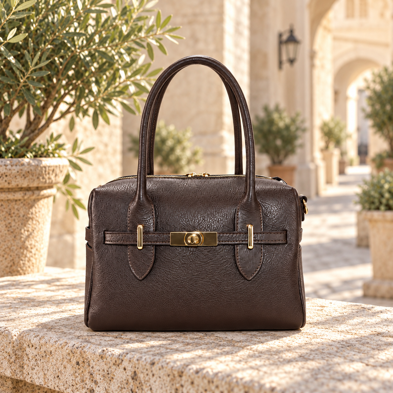 Leather Compact Handbag in 
donkerbruin, sfeerbeeld