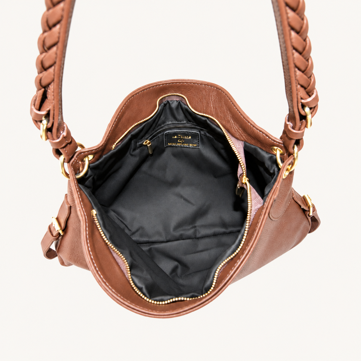 Leather Soft Shoulder Bag – Brown – binnenkant