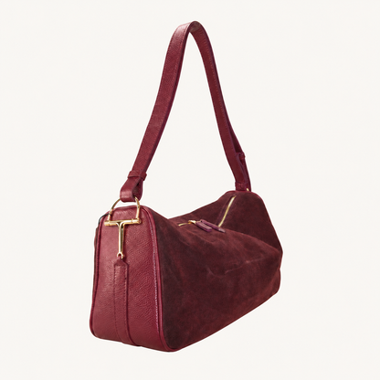 Leather & Suede Shoulder Bag – Bordeaux – schuin