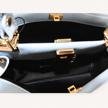 Leather Mini Top Handle Bag – Light blue – binnenkant