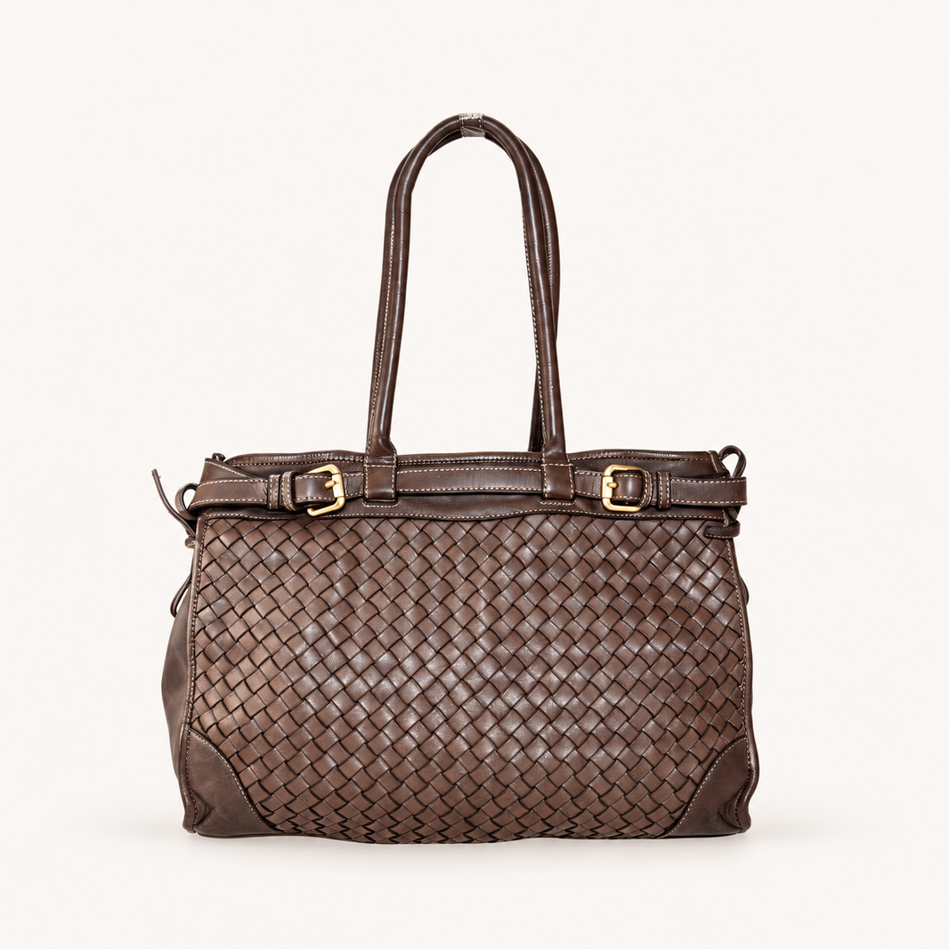 Vintage Woven Leather Bag – Darkbrown – vooraanzicht