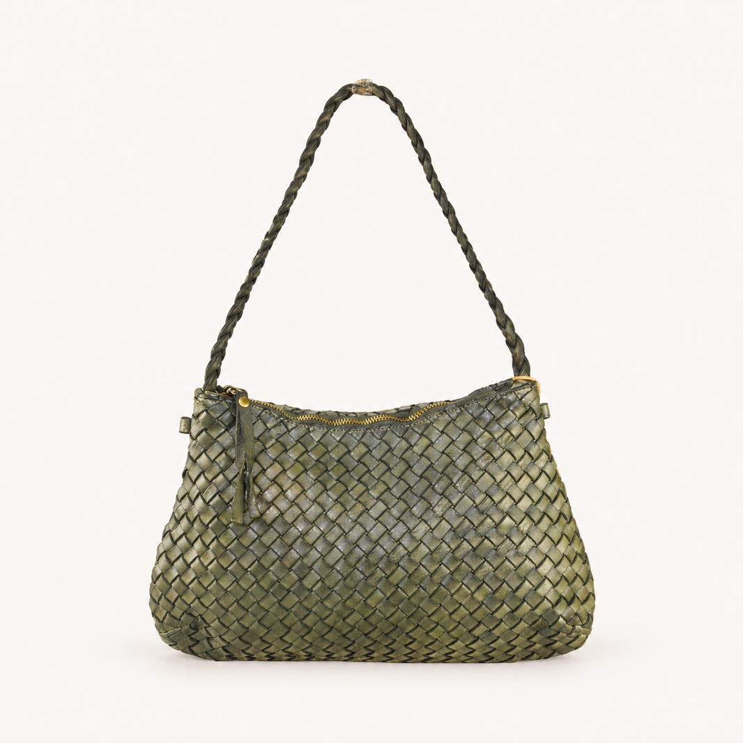 Vintage Woven Leather Shoulder Bag – Green – vooraanzicht