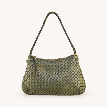 Vintage Woven Leather Shoulder Bag – Green – vooraanzicht