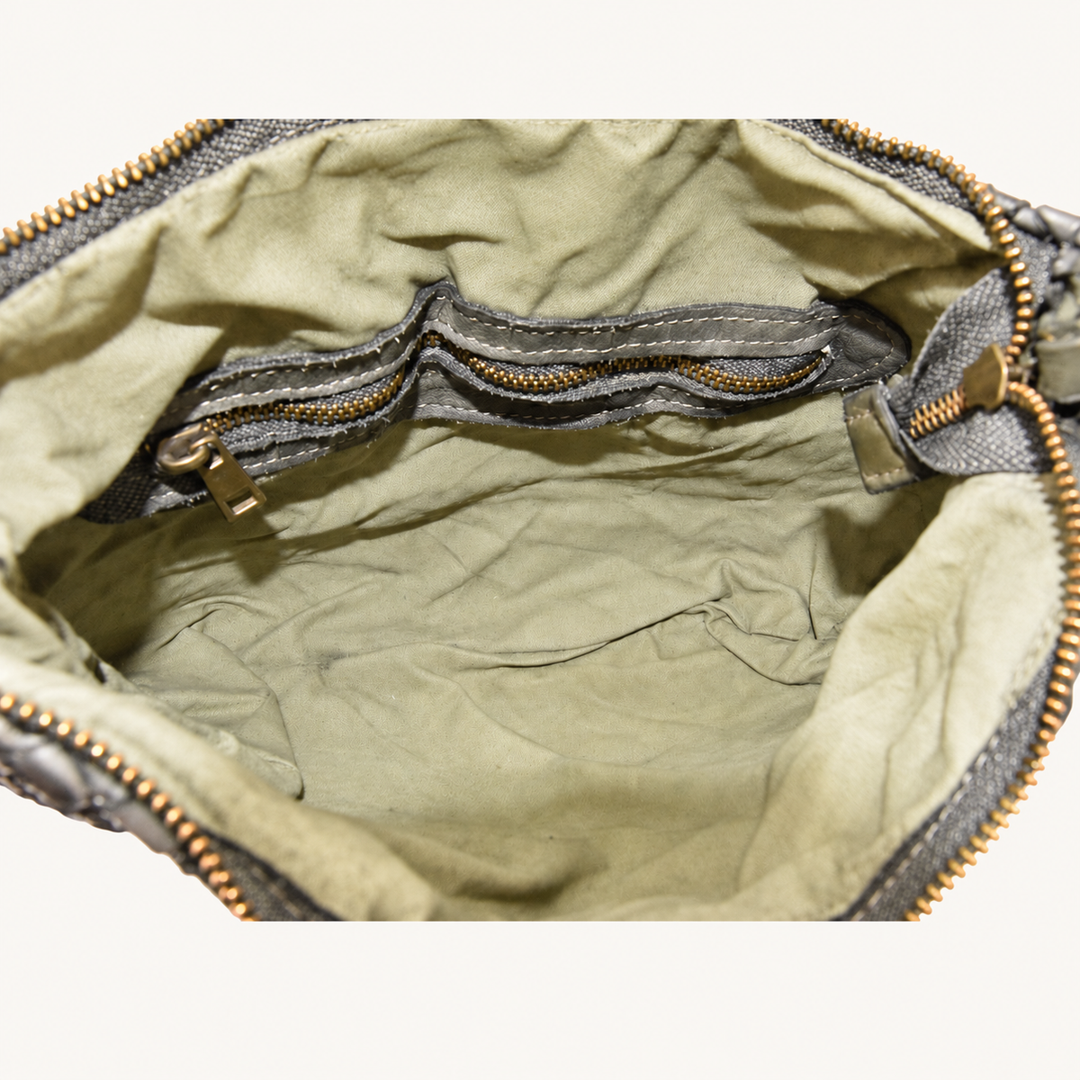 Vintage Woven Leather Shoulder Bag – Green – binnenkant