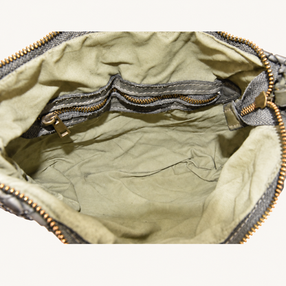 Vintage Woven Leather Shoulder Bag – Green – binnenkant