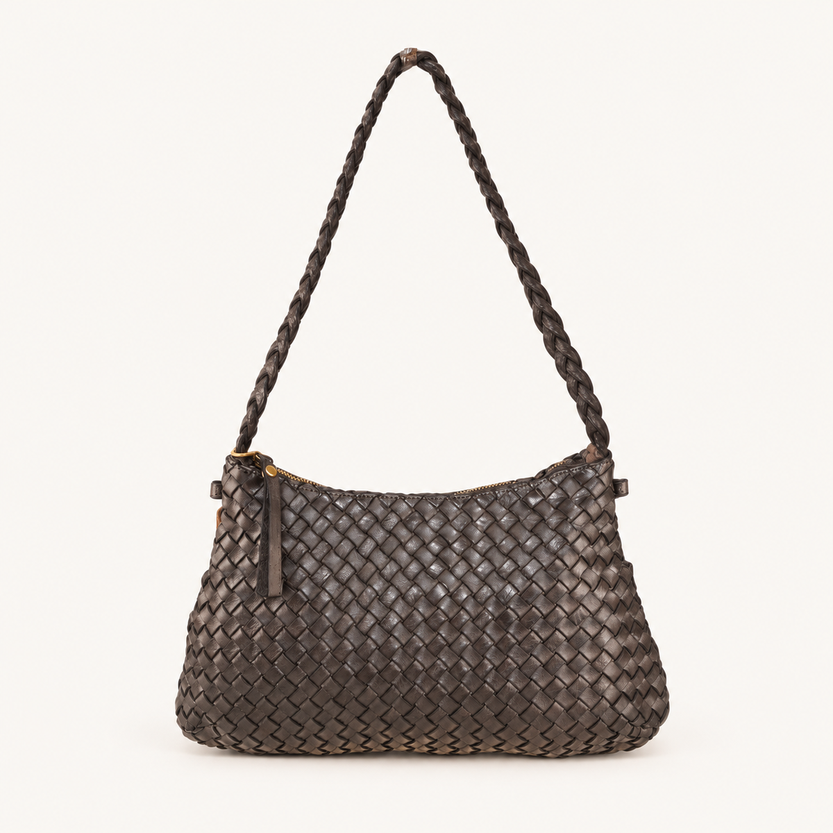 Vintage Woven Leather Shoulder Bag JD48853 – Darkbrown – vooraanzicht