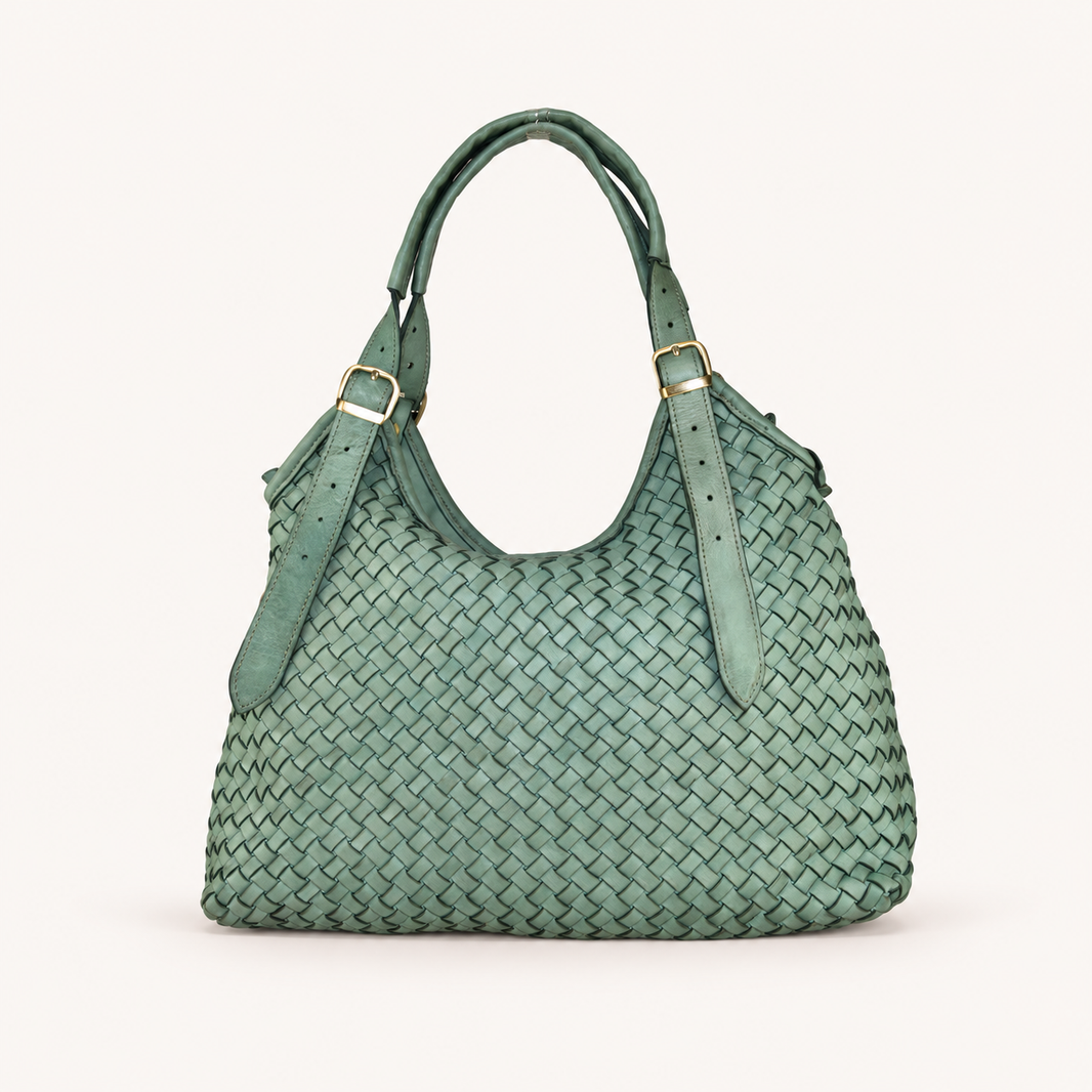 Vintage Woven Leather Shopper – Mint – vooraanzicht