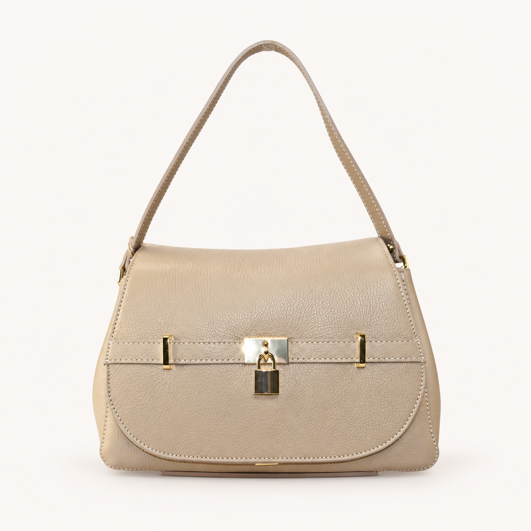 Leather Refined Shoulder Bag – Taupe – vooraanzicht