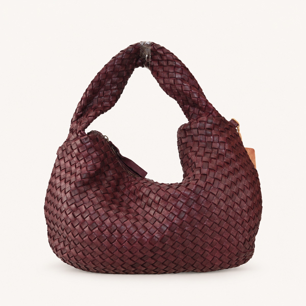 Vintage Woven Leather Shoulder Bag – Wide – Bordeaux – vooraanzicht
