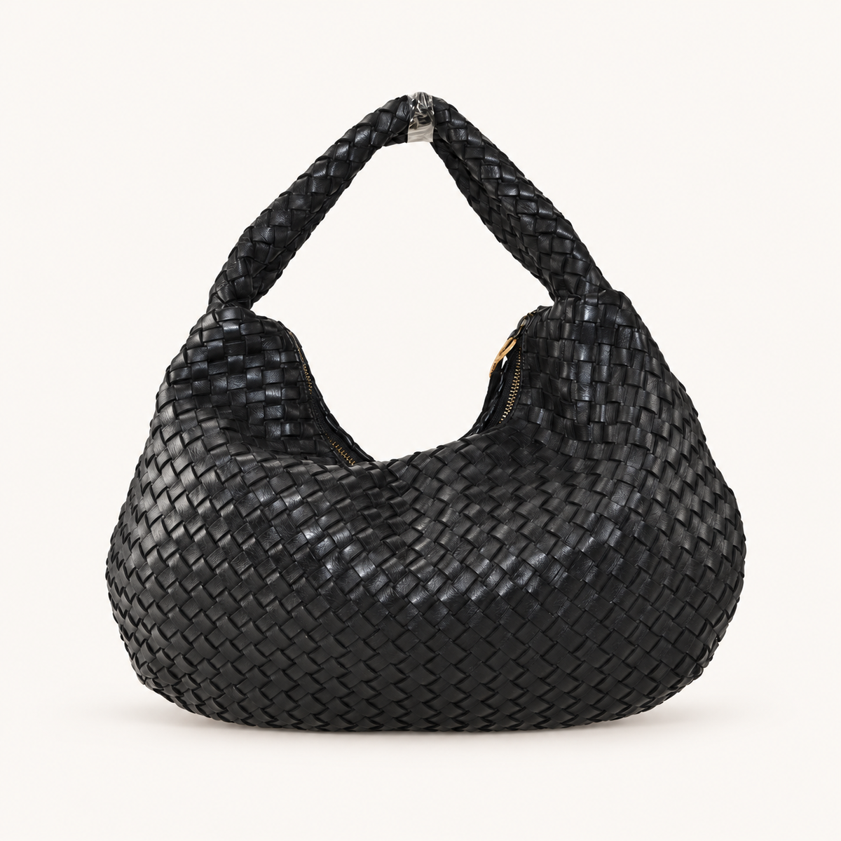 Vintage Woven Leather Shoulder Bag – Wide – Nero – vooraanzicht
