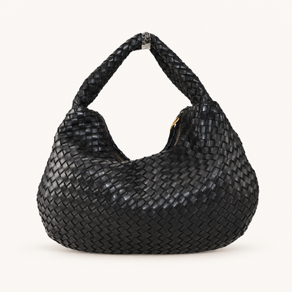 Vintage Woven Leather Shoulder Bag – Wide – Nero – vooraanzicht