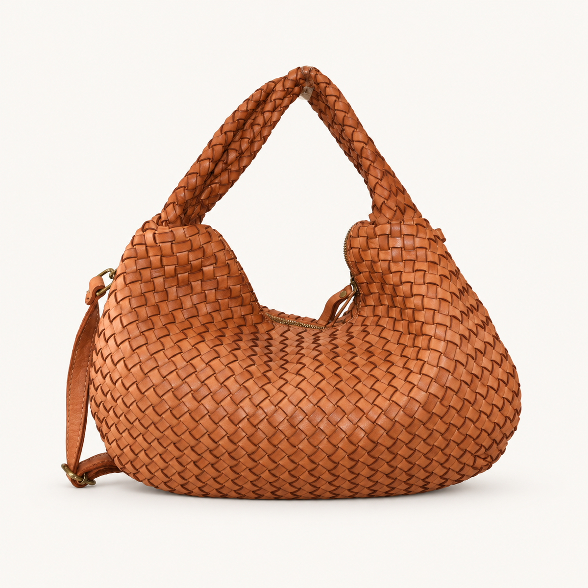 Vintage Woven Leather Shoulder Bag – Wide JH58864 – Tan – vooraanzicht