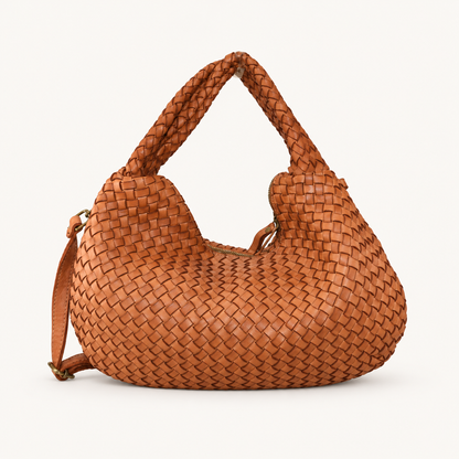 Vintage Woven Leather Shoulder Bag – Wide JH58864 – Tan – vooraanzicht
