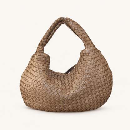 Vintage Woven Leather Shoulder Bag – Wide JH58864 – Taupe – vooraanzicht