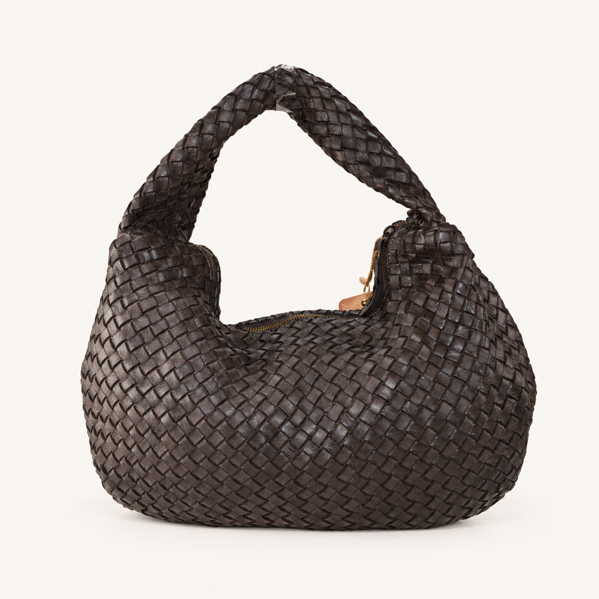 Vintage Woven Leather Shoulder Bag – Wide JH58864 – Darkbrown – vooraanzicht