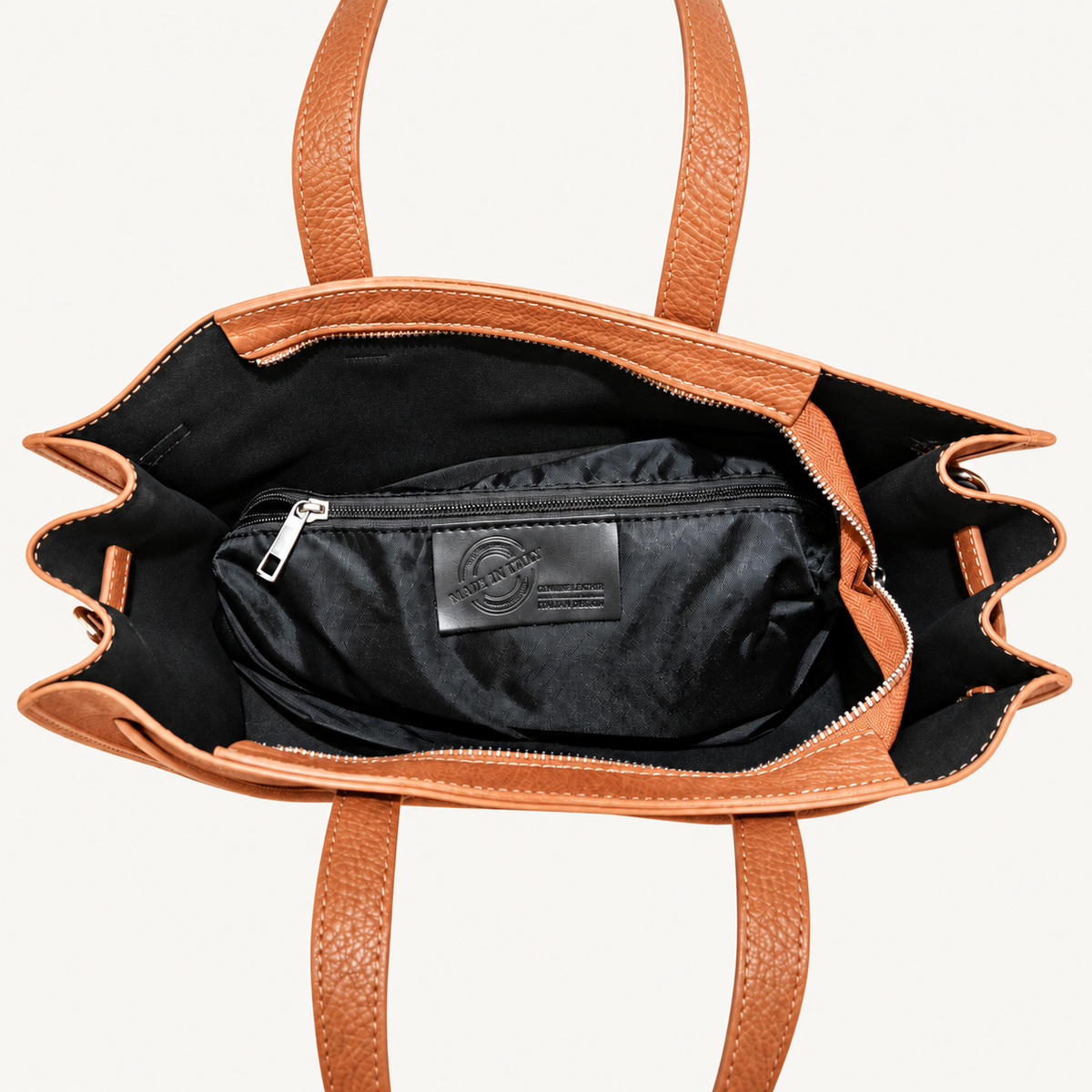 Leather Structured Handbag – Tan – binnenkant