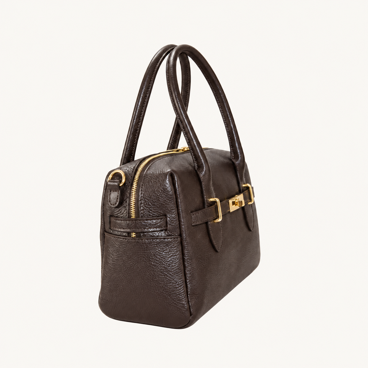 Leather Compact Handbag – Darkbrown – zijkant