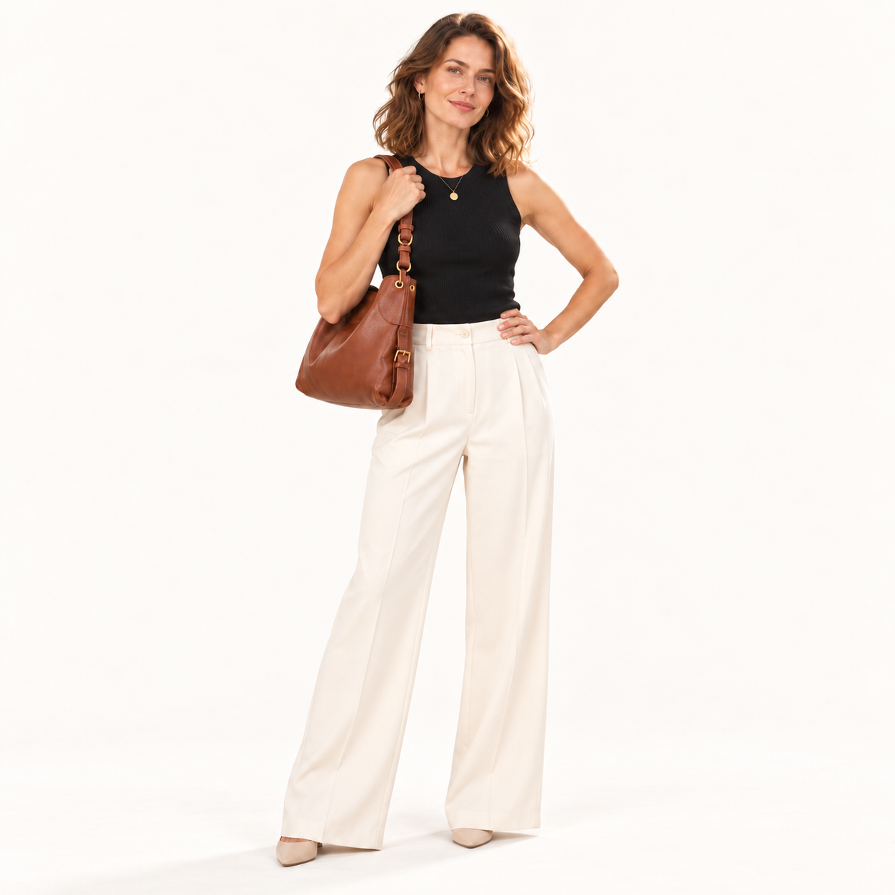 Leather Soft Shoulder Bag in 
bruin, gedragen